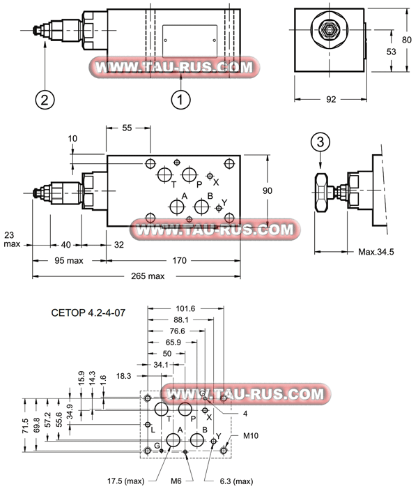 Габаритные и присоединительные размеры клапанов PRM7-PT6/10N/S(K), PRM7-PT5/10N/S(K), PRM7-PT4/10N/S(K)