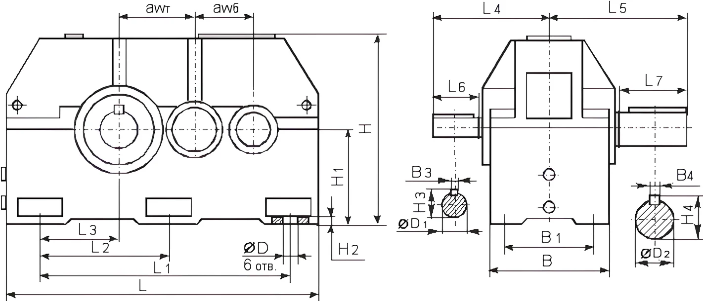 Габаритные и присоединительные размеры редуктора Ц2УН-315Н