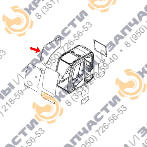 Стекло кузовное правое возле стрелы (закаленное) для экскаватора John Deere lc200d, lc240d, lc260d, lc300d, lc330d, lc360d