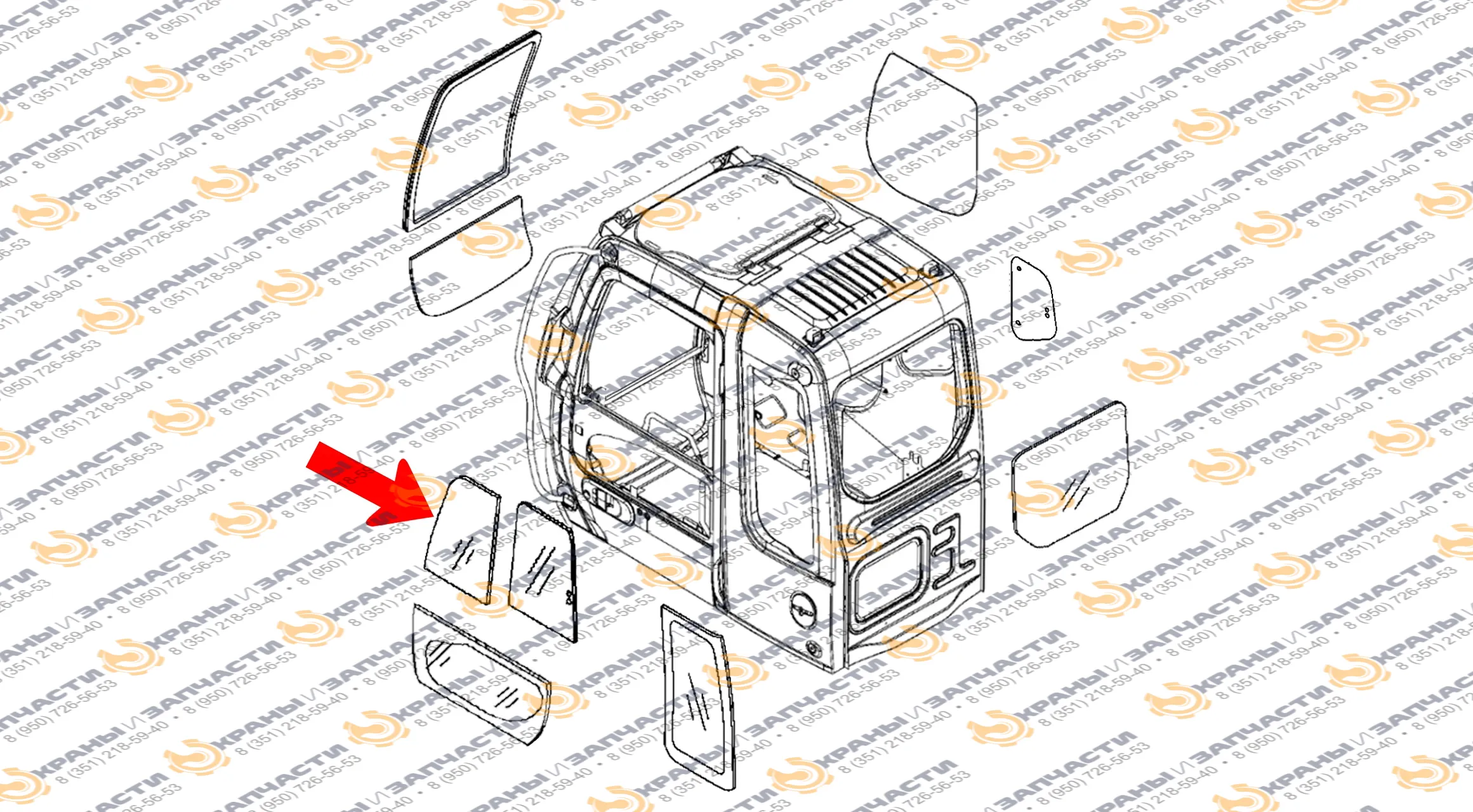 Стекло форточки дверное левое верхние ближе к лобовому стеклу (закаленное) для экскаватора John Deere lc200, lc240, lc260, lc300, lc330, lc360