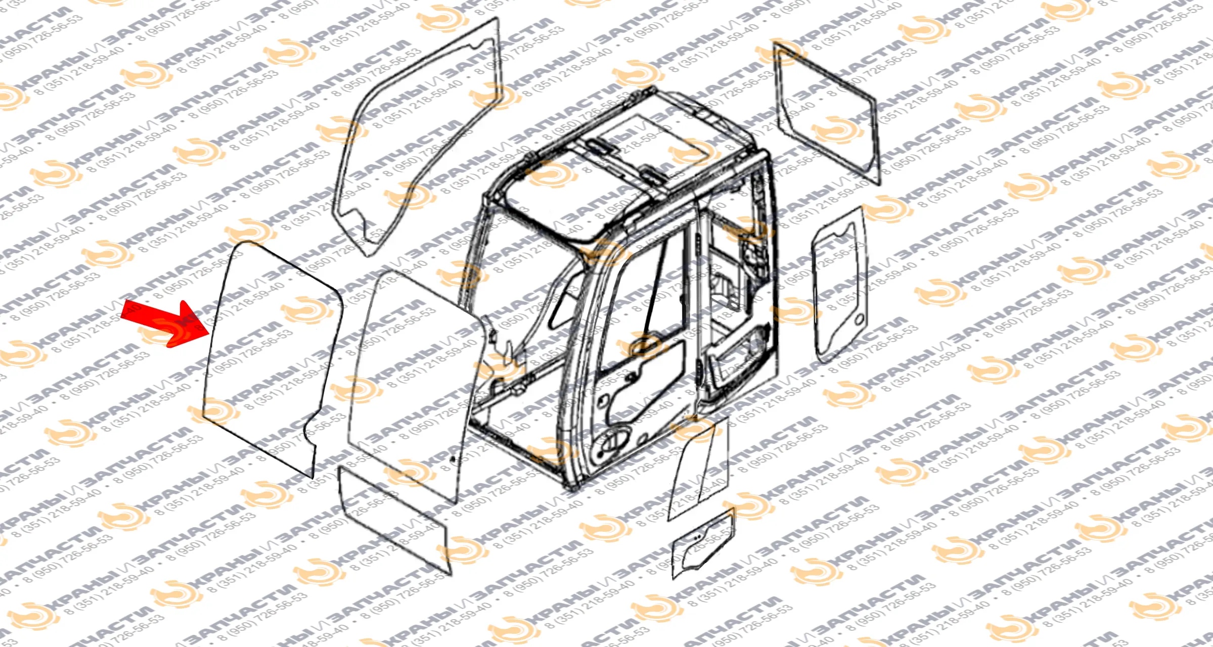 Стекло лобовое верхнее (закаленное) для экскаватора John Deere lc200d, lc240d, lc260d, lc300d, lc330d, lc360d