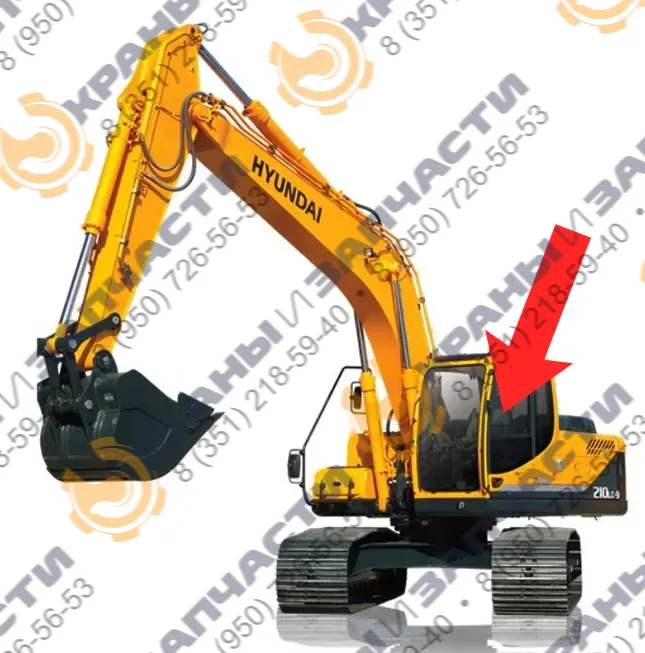 Стекло дверное верхняя левая форточка ближе к лобовому стеклу (закаленное) 71Q7-03231 для экскаватора Нуundai Robeх 210lc-9, 260lc-9, 290lc-9, 300lc-9, 330lc-9, 450lc-9, 480lc-9