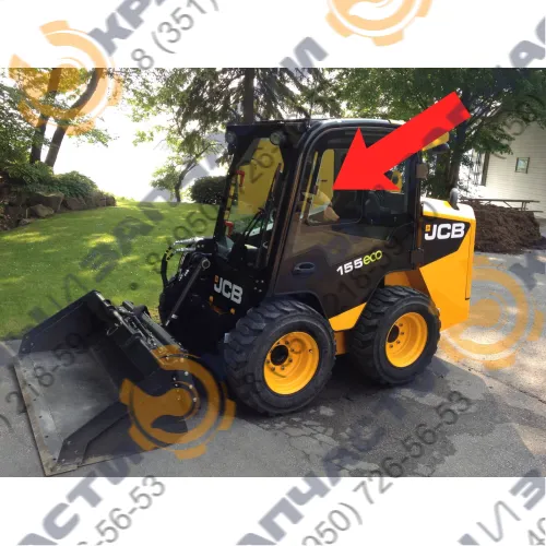 Стекло левая дверная подвижная форточка маленький вырез (закаленное) для мини-погрузчика JCB EcoRobot 155, 255, 260