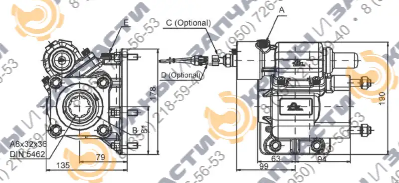 Коробка отбора мощности (КОМ) 173403 (алюминий), 272003 (чугун) КПП PTO Mitsubishi M035/S5 mec., Hyundai HD78, Hyundai HD55 - чертеж 1