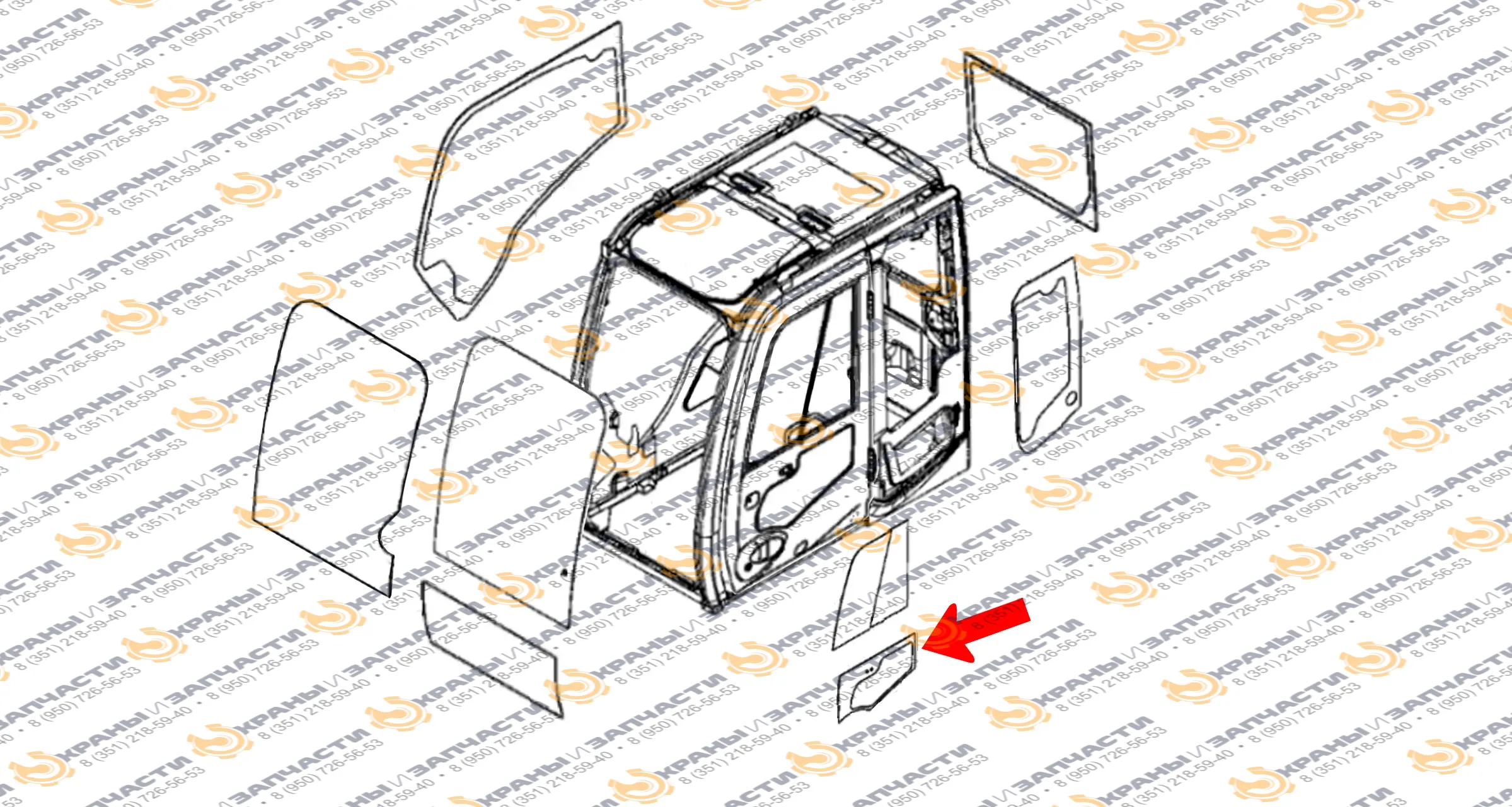 Стекло дверное левое нижнее (закаленное) для экскаватора John Deere lc200d, lc240d, lc260d, lc300d, lc330d, lc360d