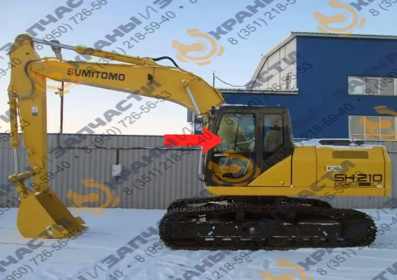 Стекло дверное левой форточки верхние ближе к лобовому стеклу (закаленное) KHN15400 для экскаватора SUMITOMO SH210-5