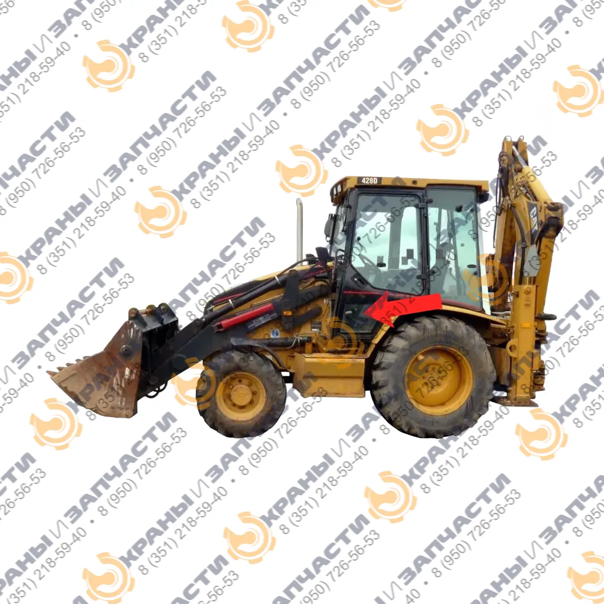 Стекло дверное нижнее левое (закаленное) для экскаватора-погрузчика Caterpillar 428d, 432d