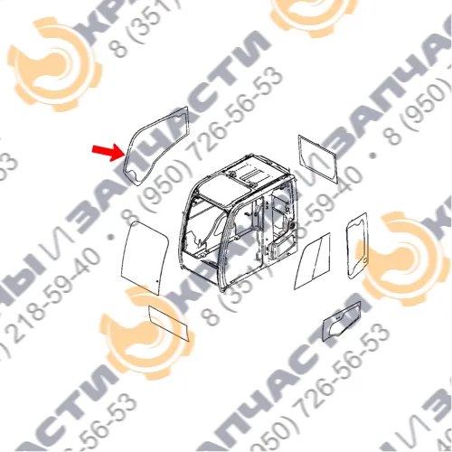 Стекло кузовное правое возле стрелы (закаленное) для экскаватора John Deere lc200g, lc240g, lc260g, lc300g, lc330g, lc360g