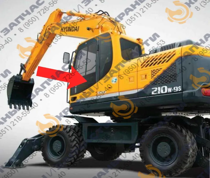 Стекло дверное нижнее левое (закаленное) 71Q6-02031 для экскаватора Нуundai Robeх 210lc-9, 260lc-9, 290lc-9, 300lc-9, 330lc-9, 450lc-9, 480lc-9