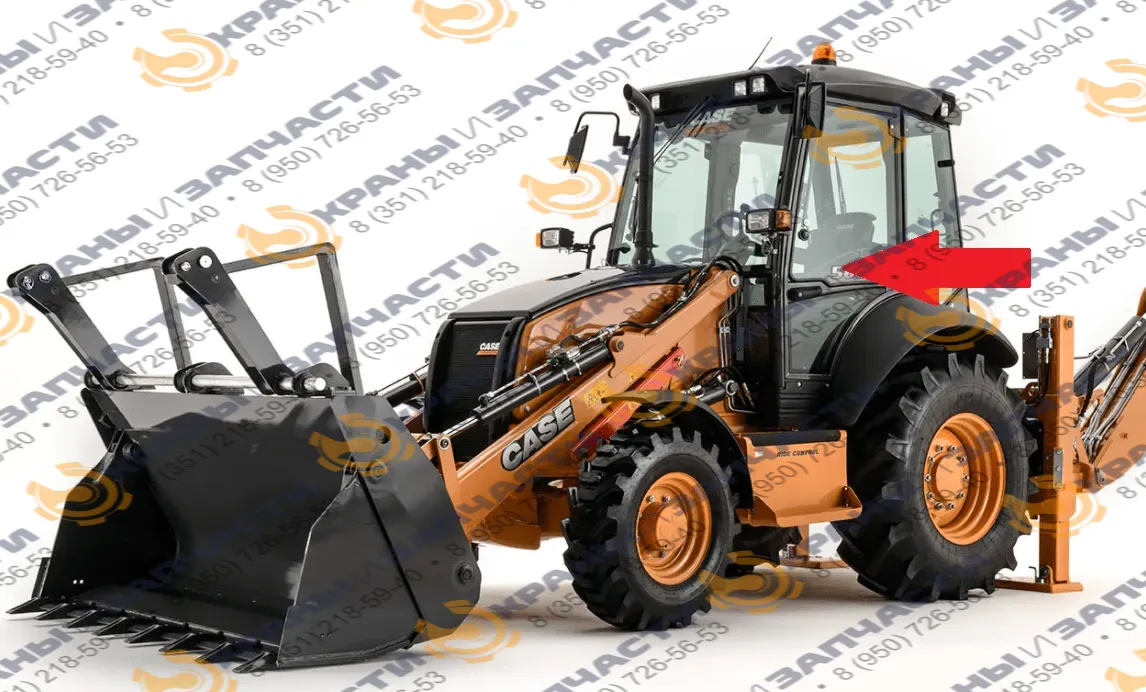 Стекло дверное верхнее левое с вырезом снизу (закаленное) для экскаватора-погрузчика Case 580ST