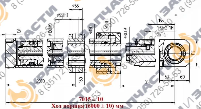 Чертеж Гидроцилиндр выдвижения секций стрелы У31.08.000-01 (100x80x6000) автокрана Ивановец КС-3571, КС-3577, КС-3577-2, КС-3577-3, КС-3574, КС-3576, КС-35714, КС-35715