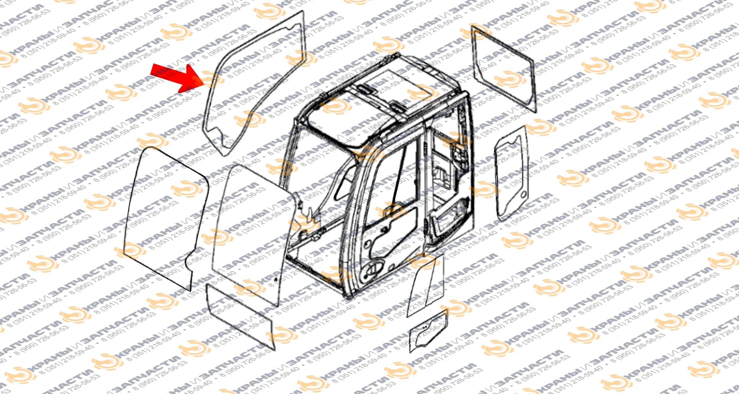 Стекло кузовное правое возле стрелы (закаленное) для экскаватора John Deere lc200d, lc240d, lc260d, lc300d, lc330d, lc360d